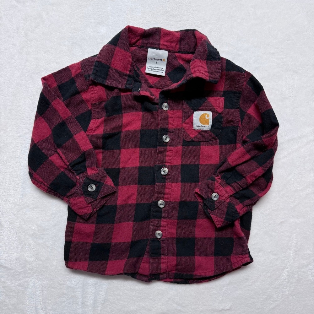 Carhartt Kids Red Black Buffalo Plaid Long‎ Sleeve Button Up Shirt Size 4